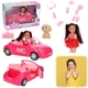 Lalka mini + auto różowe na wycieczki z pieskiem