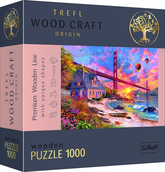 Puzzle 1000 drewniane Zachód słońca nad Golden Gate