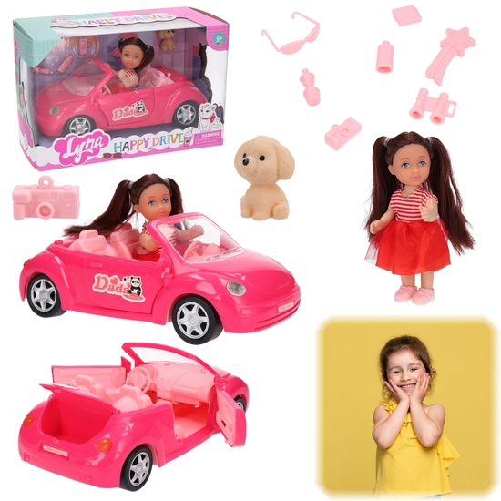 Lalka mini + auto różowe na wycieczki z pieskiem