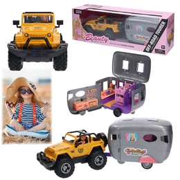 Zółte auto terenowe JEEP + przyczepa kempingowa