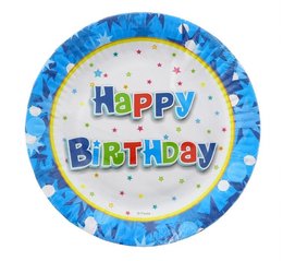 TALERZYKI PAPIEROWE HAPPY BIRTHDAY niebieskie